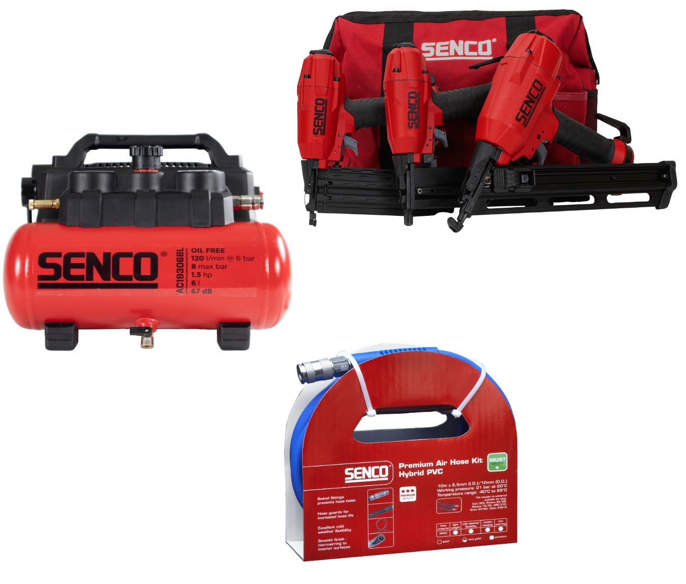 Senco PRSE-10S2001NKIT - 3-delige Tacker Set in Tas FinishPro35BL + FinischPro18BL + SLS18BL + AC19306BL Compressor 6 ltr. 8 Bar + Luchtslang 10 mtr