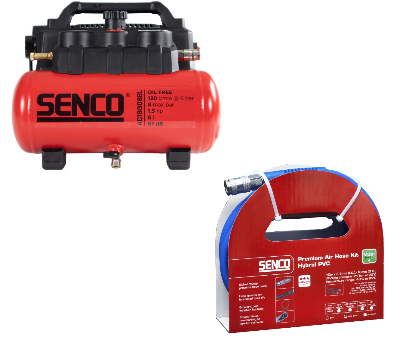 Senco PRSE-AFN0036EU - AC19306BL Compressor 6 ltr. 8 Bar + Luchtslang 10 mtr